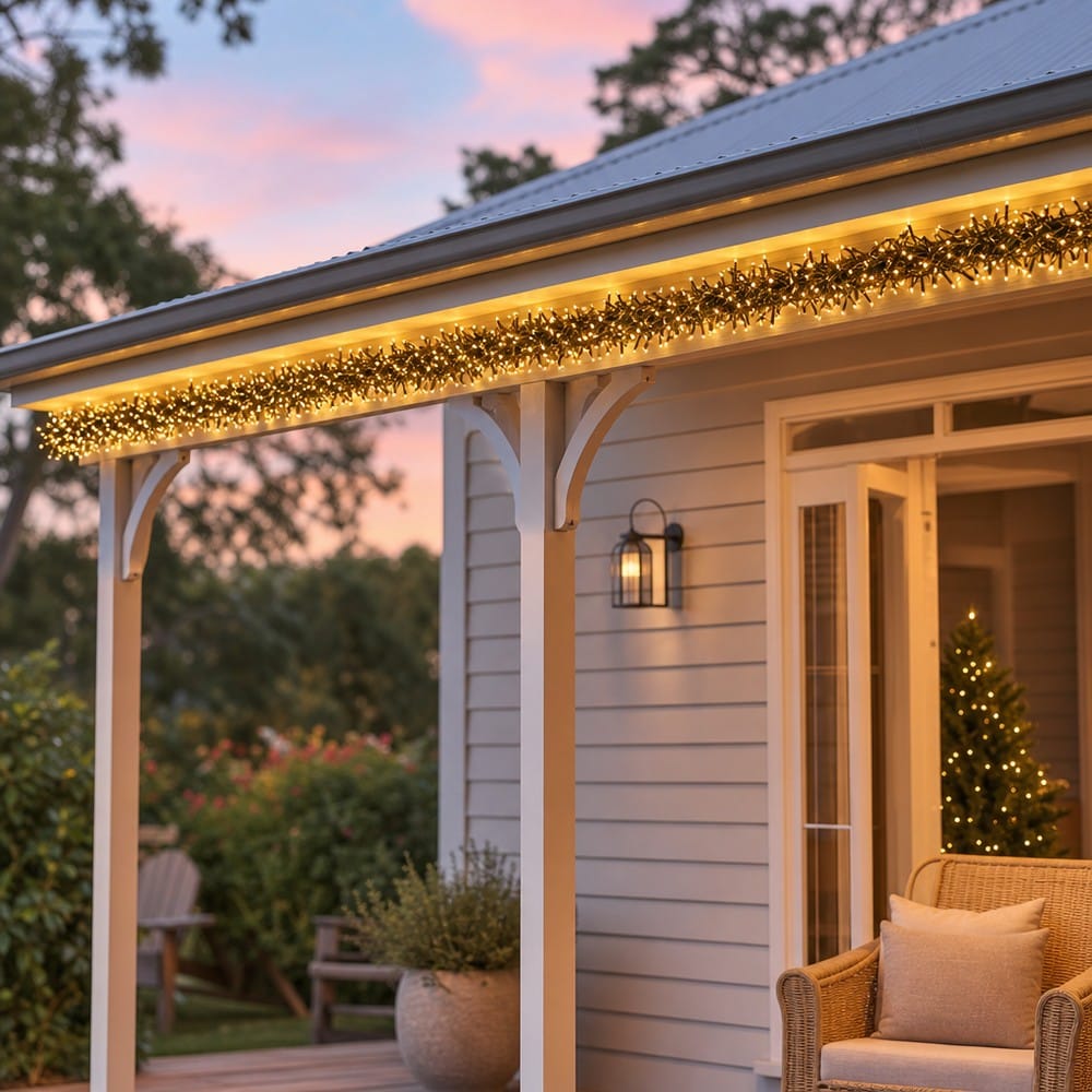 3000 LED Warm White Cluster Lights (21.8m) styled in an Australian Christmas setting