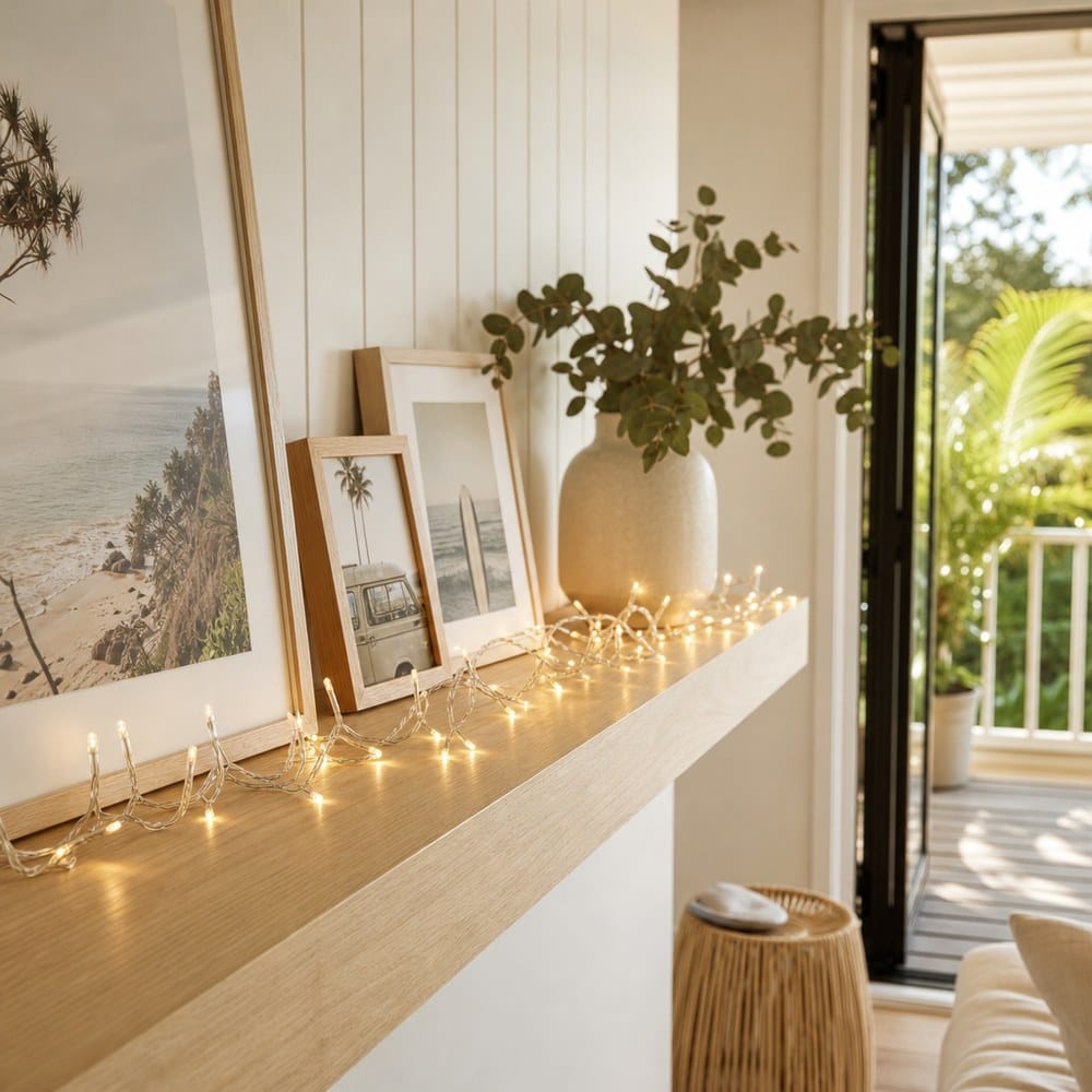 20 LED Battery Fairy Lights Warm White styled in an Australian Christmas setting