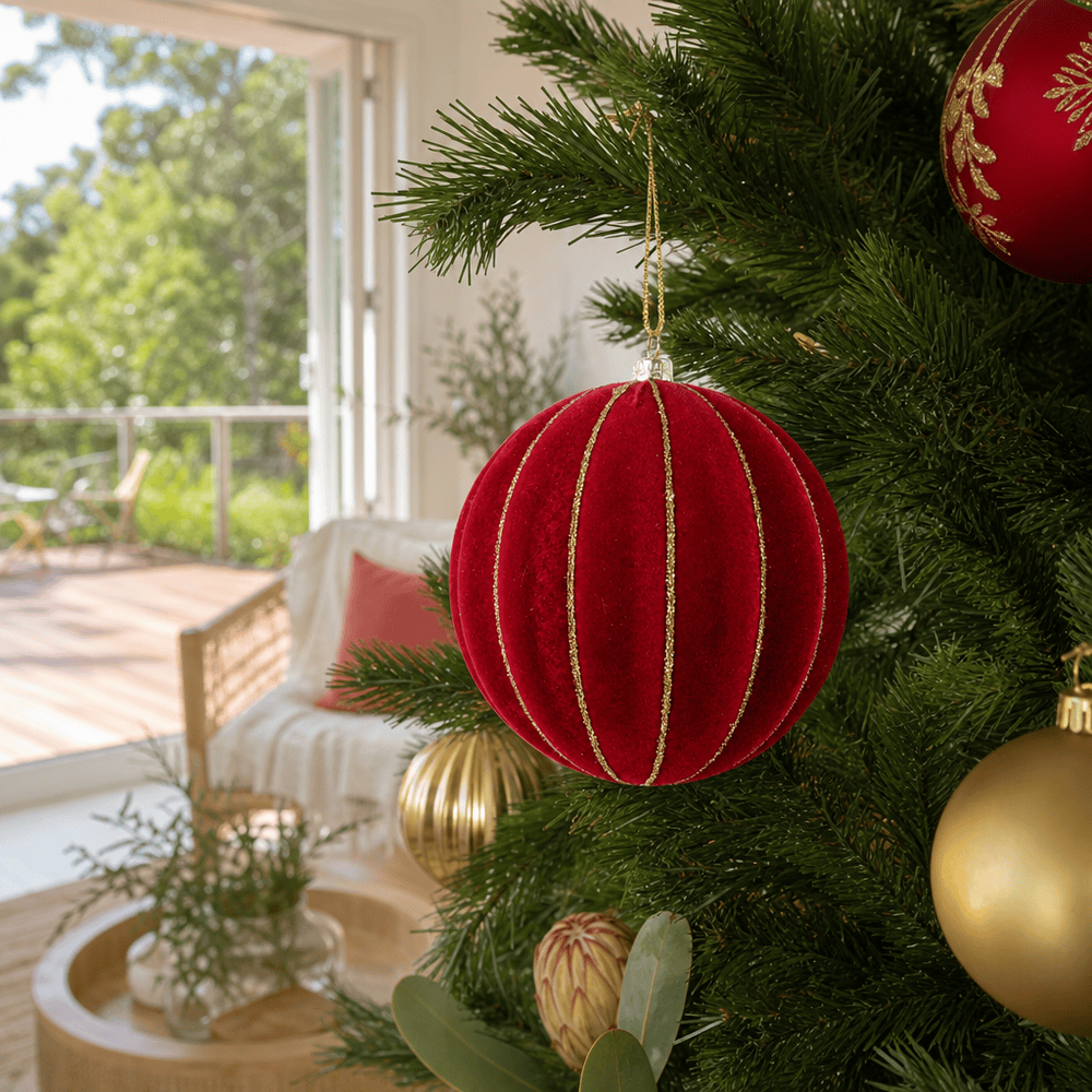 Burgundy Flocked Rib Bauble styled in an Australian Christmas setting