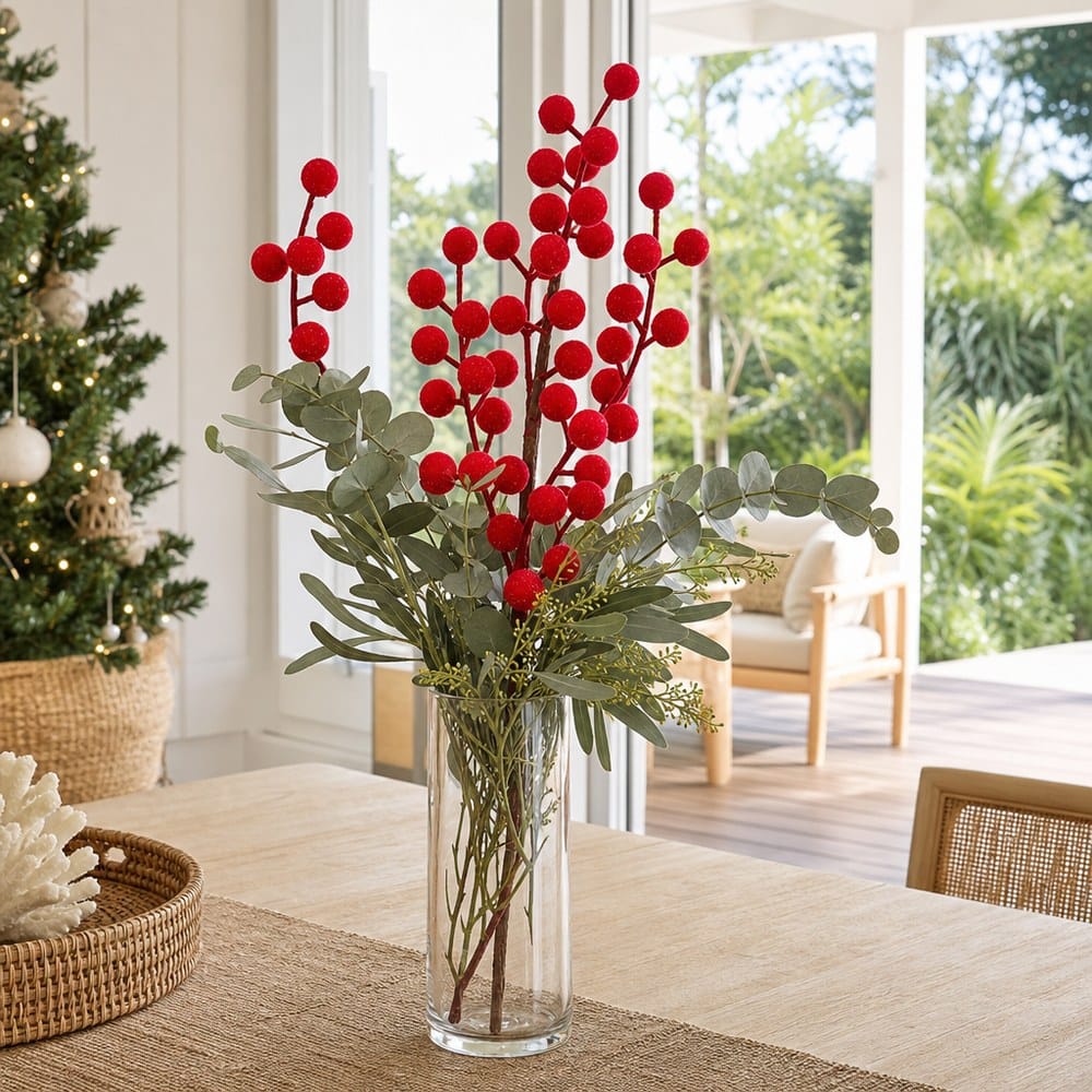 Red Flocked Berry Branch arranged in a glass vase
