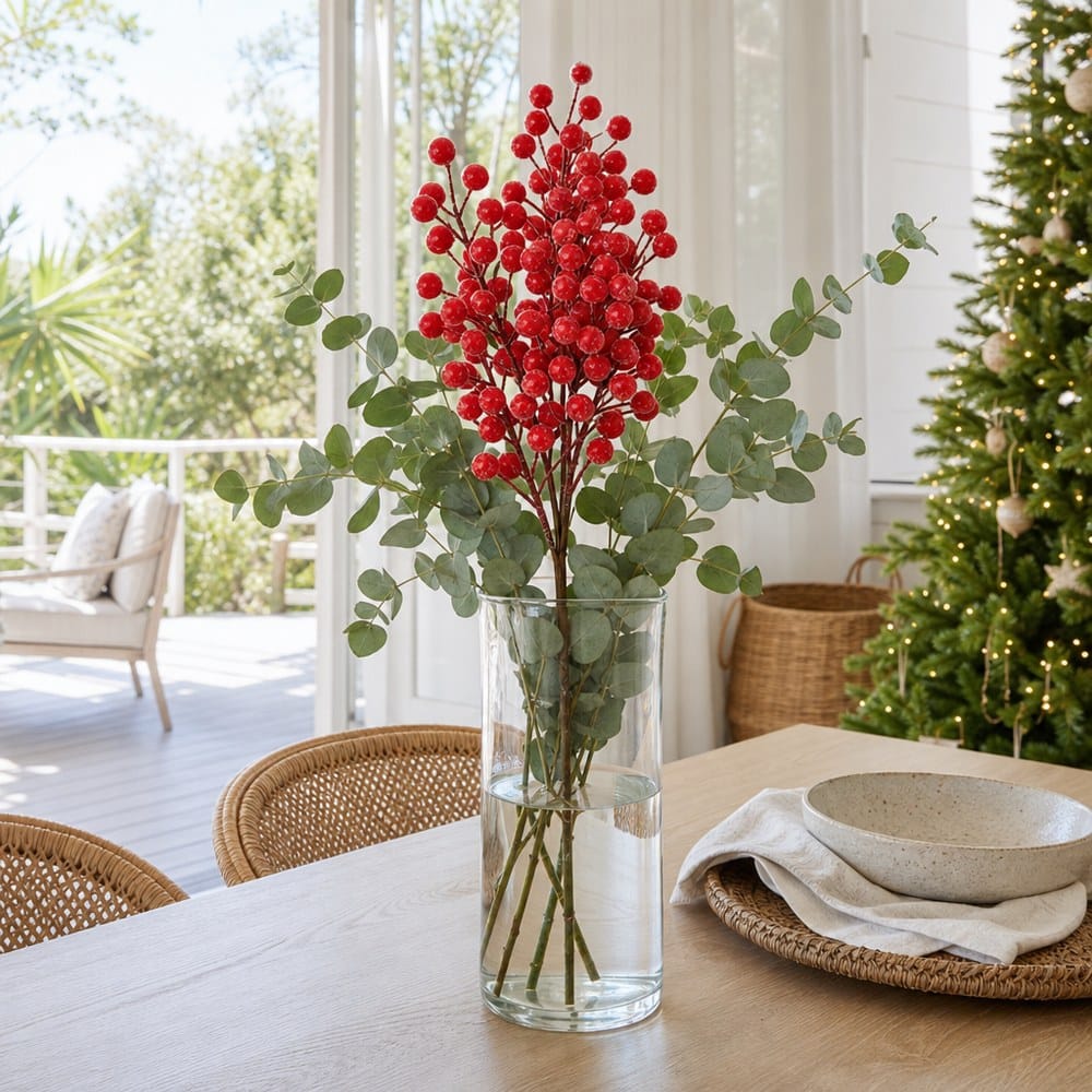 Red Flocked Berry Branch arranged in a glass vase