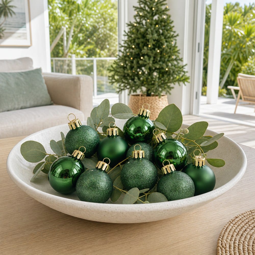 Green Bauble Pack 10pk styled in an Australian Christmas setting