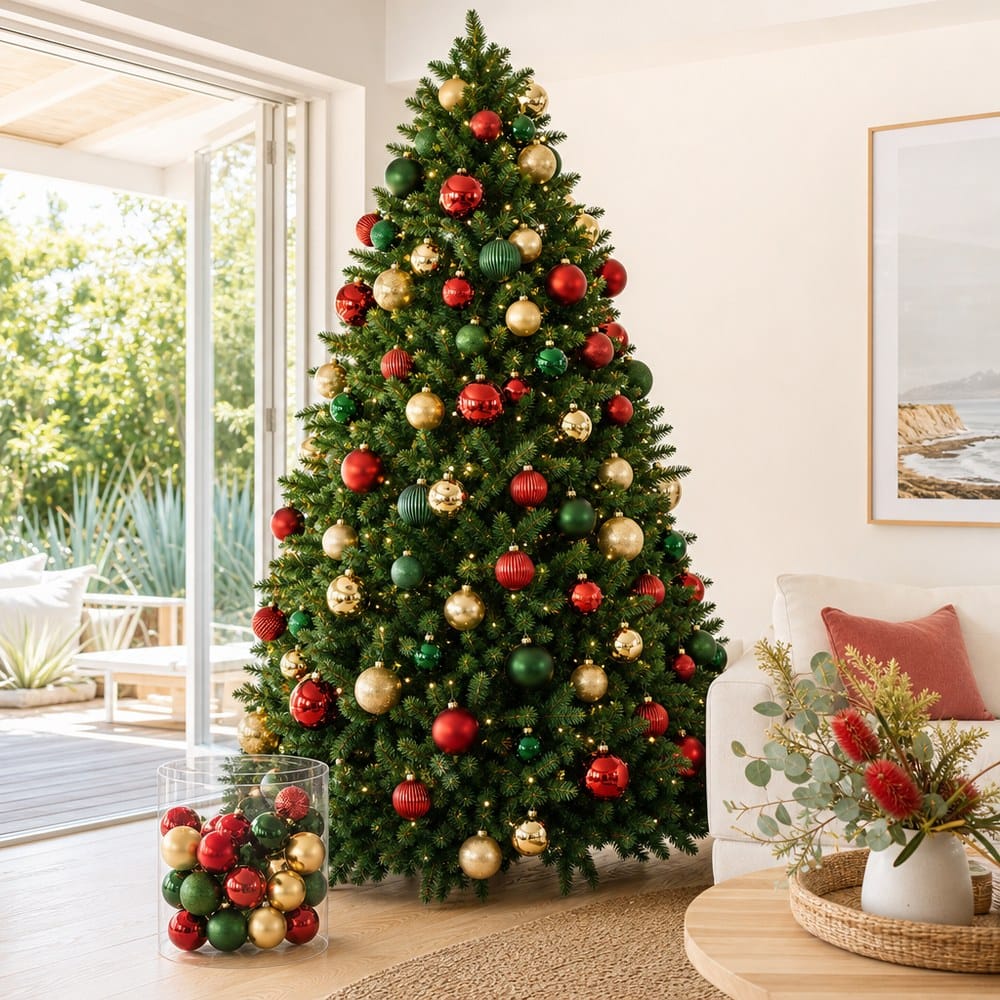 Traditional Bauble Pack 100pk styled in an Australian Christmas setting