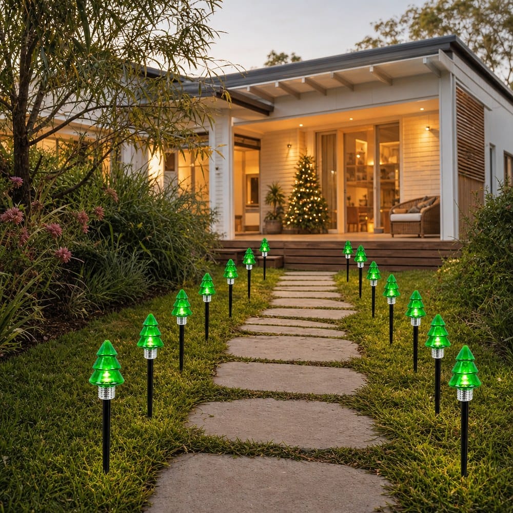 LED Solar Christmas Tree Stake styled in an Australian Christmas setting