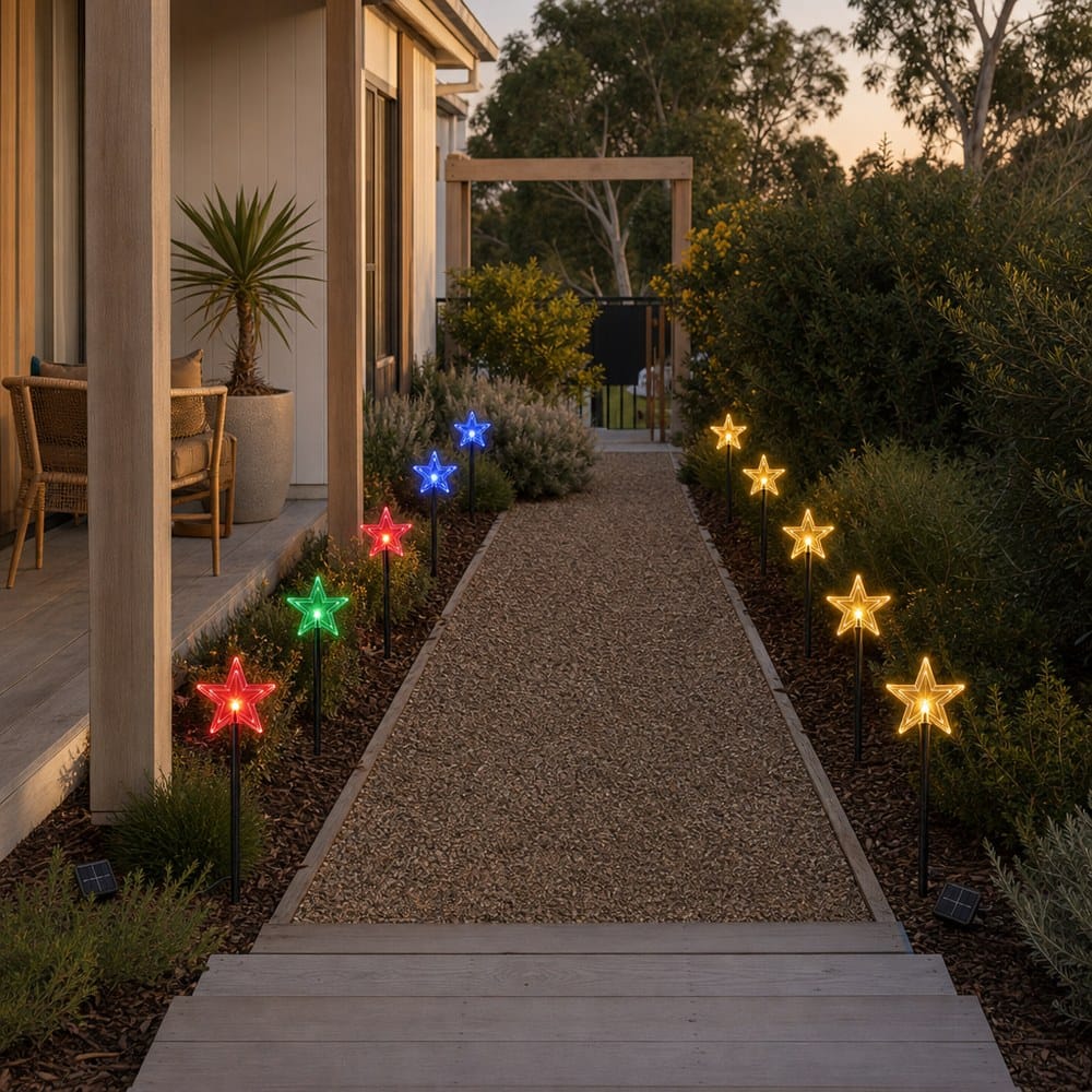 LED Solar Stars Path Lights 5pk styled in an Australian Christmas setting