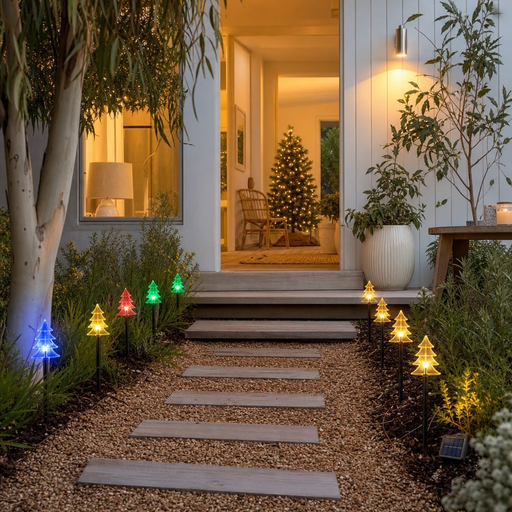 LED Solar Tree Path Lights 5pk styled in an Australian Christmas setting