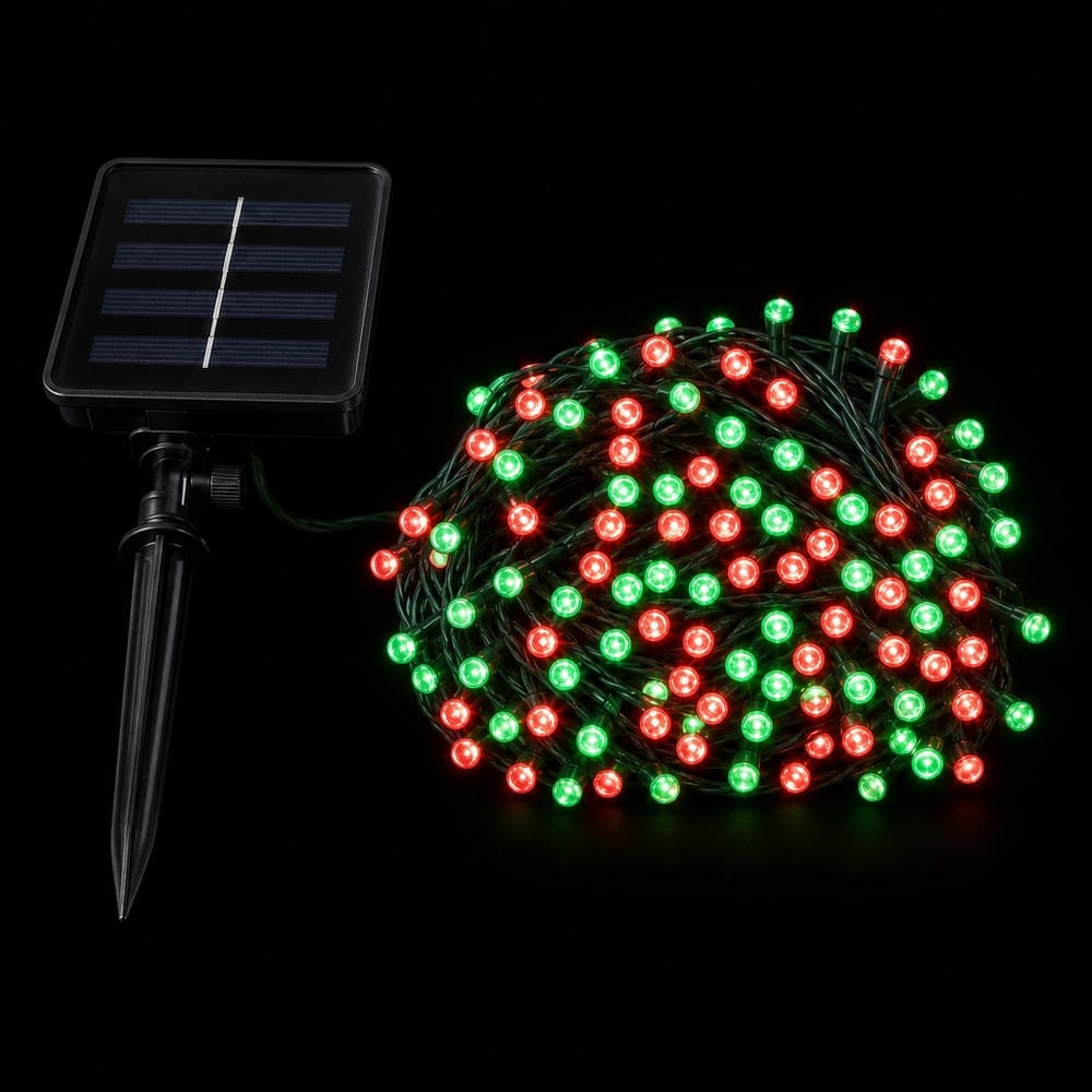 LED 100 Solar 2F Fairy Lights Red and Green (7.5m) lit up in the dark