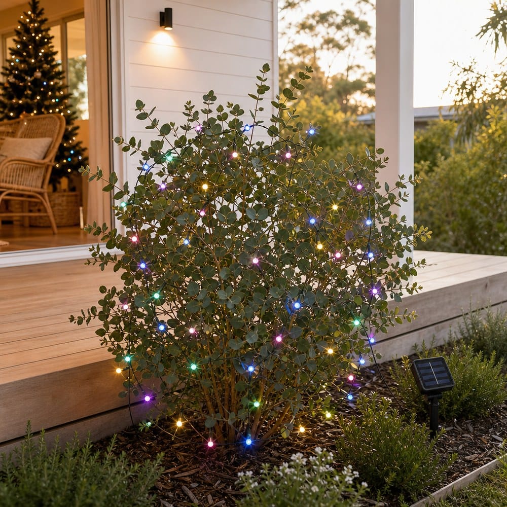 LED 100 Solar 2F Fairy Lights Macaroon styled in an Australian Christmas setting