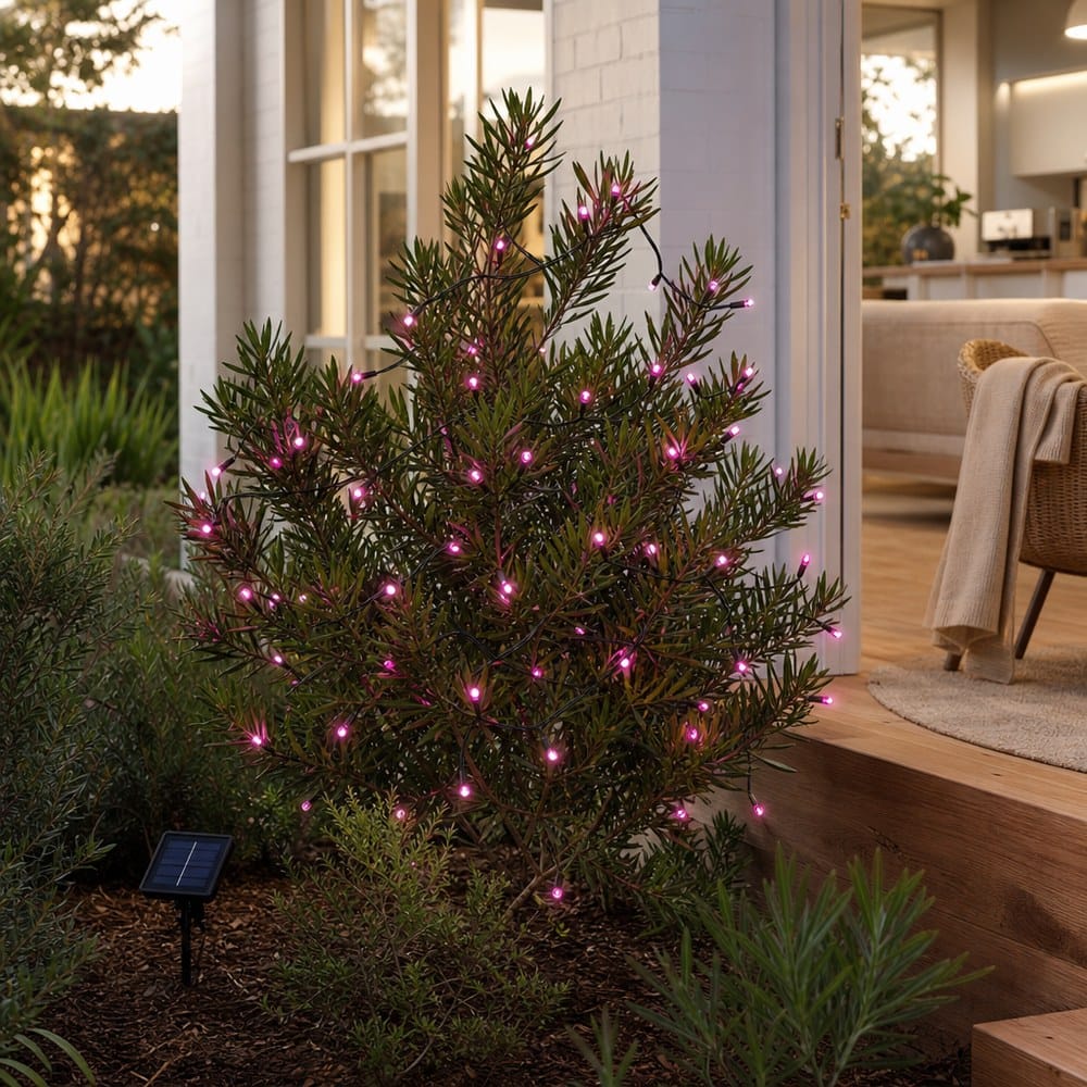 LED 100 Solar 2F Fairy Lights Soft Pink styled in an Australian Christmas setting