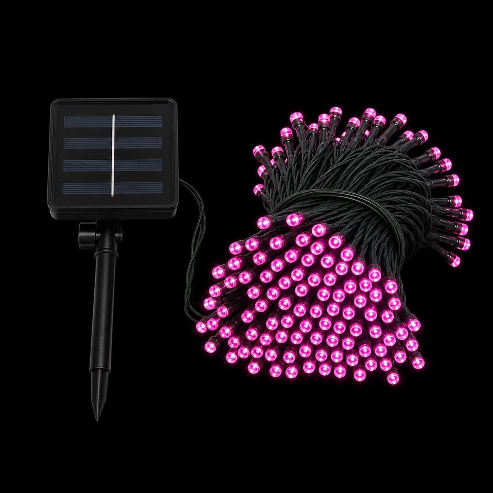 LED 100 Solar 2F Fairy Lights Soft Pink (7.5m) lit up in the dark