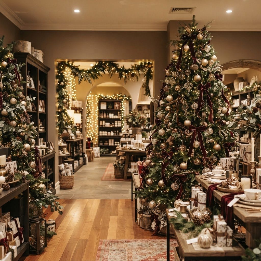 Illustrative festive showroom with decorated Christmas trees and warm lights