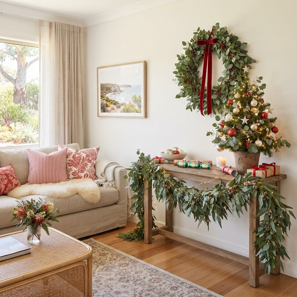 Styled Australian living room with Christmas garland, wreath and tabletop tree