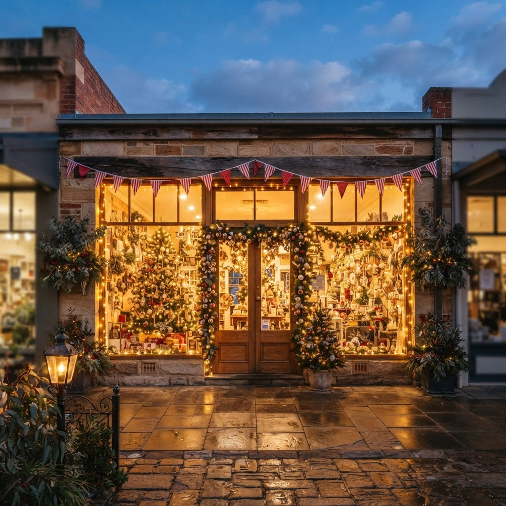 Festive Christmas World storefront with decorated window displays at dusk