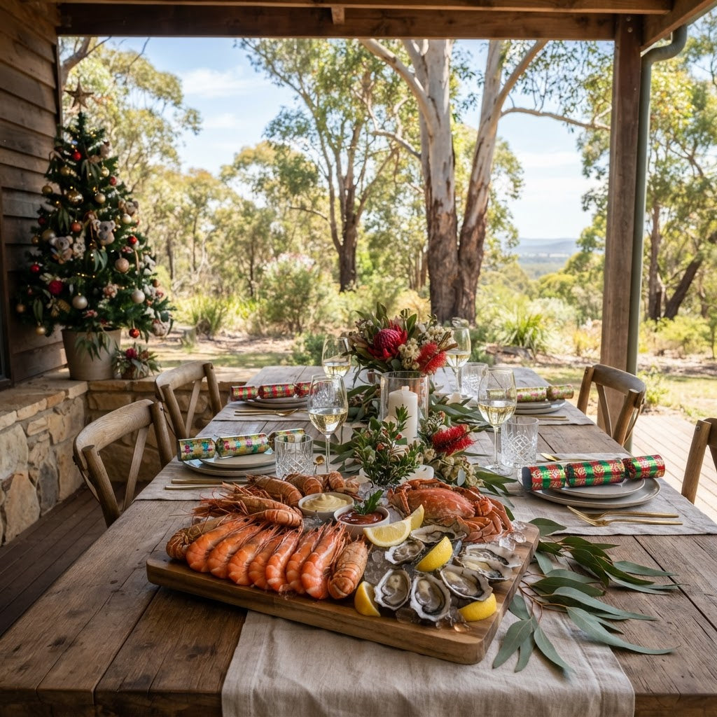 Australian Christmas lunch table on a verandah with seafood, bonbons and a small decorated tree