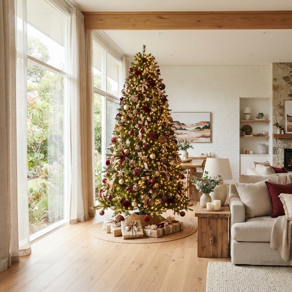 Decorated pre-lit Christmas tree in a bright modern Australian living room