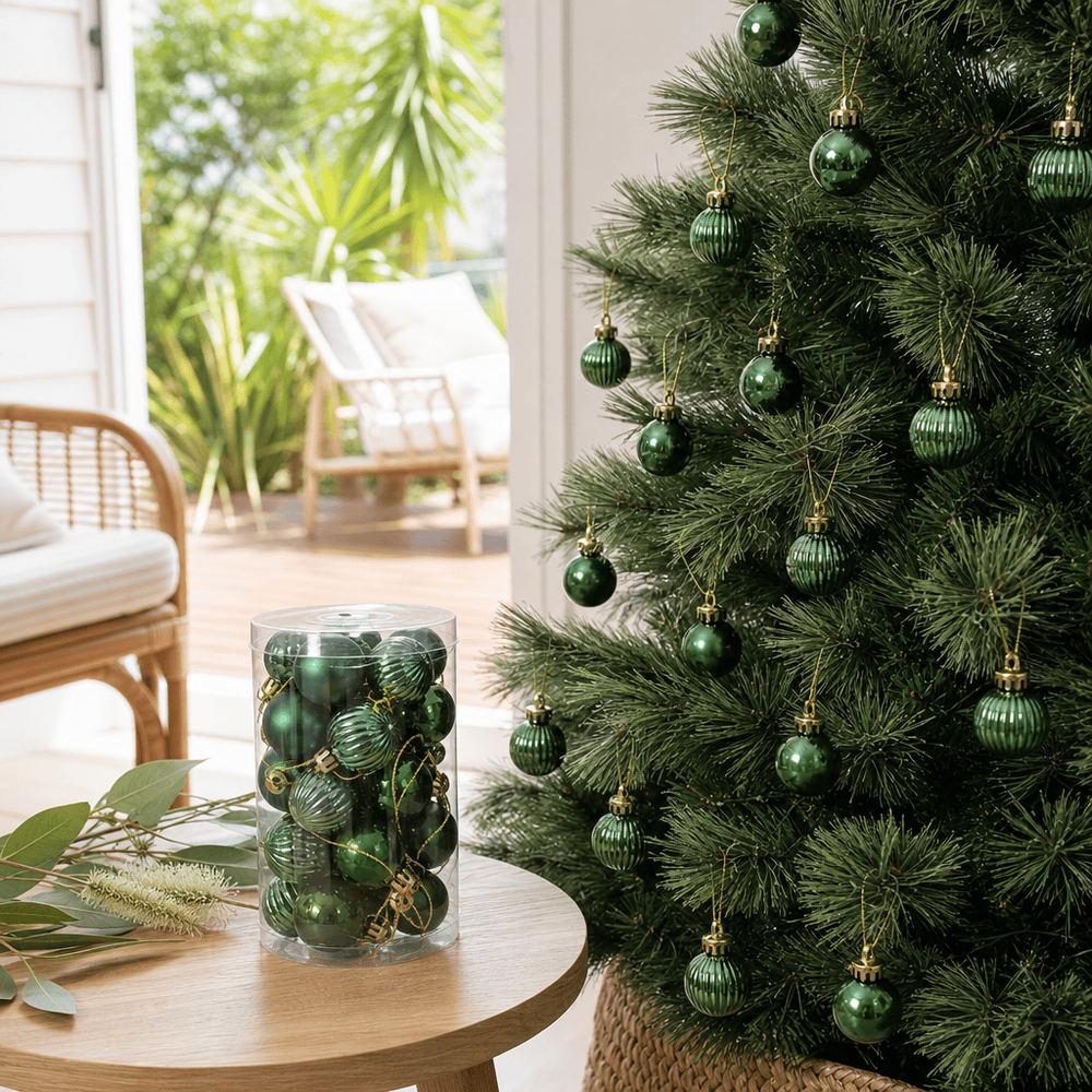 Evergreen Bauble Pack 25pk styled in an Australian Christmas setting