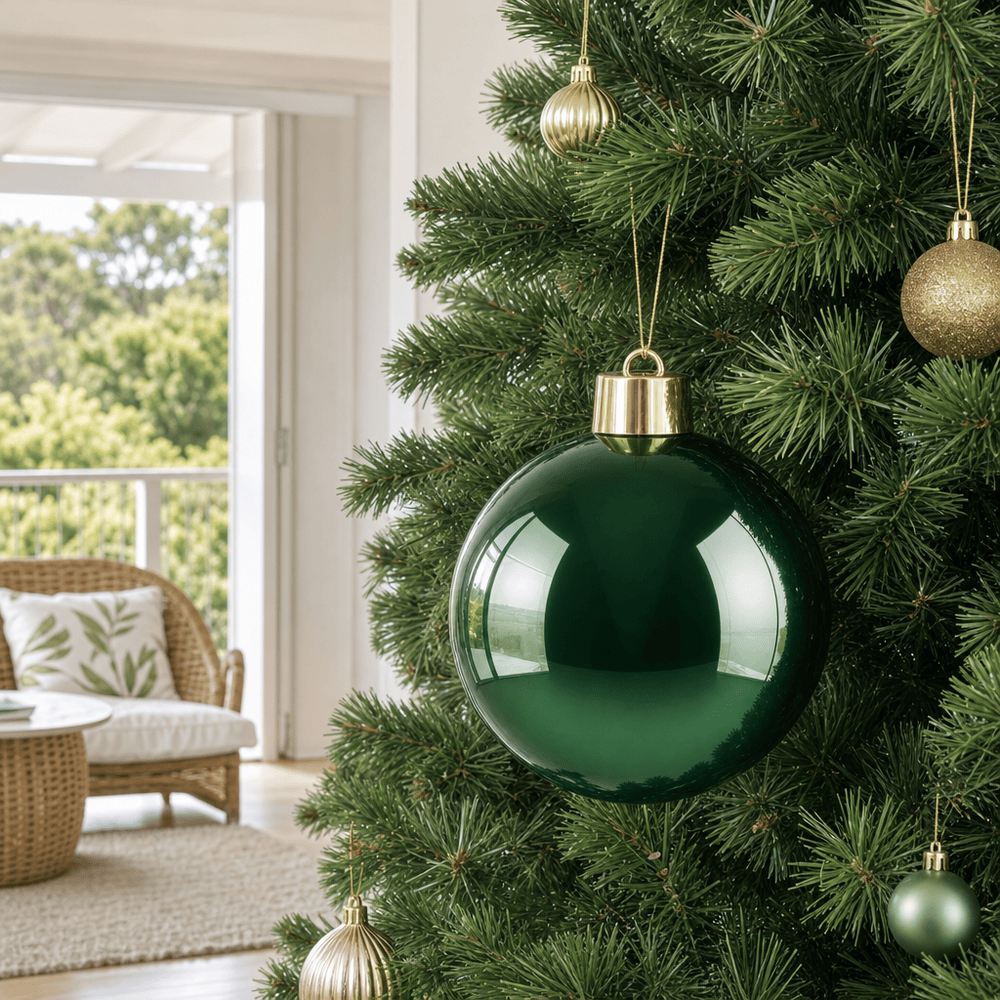 Green Shiny Bauble styled in an Australian Christmas setting