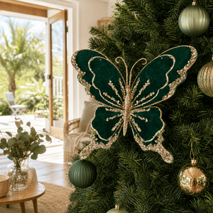 Green Velvet Butterfly Clip styled in an Australian Christmas setting