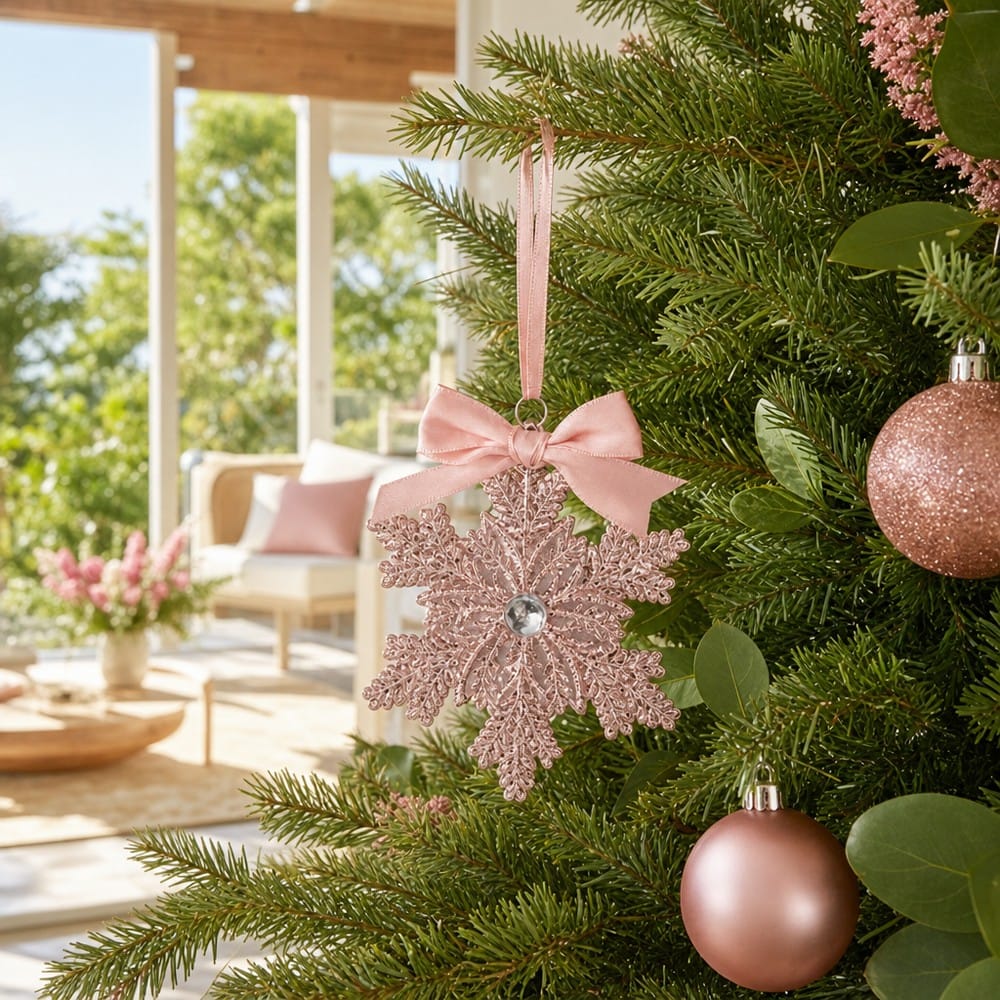 Pink Snowflake Tree Decoration styled in an Australian Christmas setting