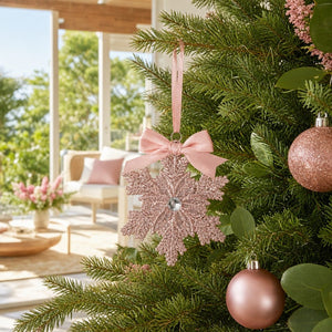 Pink Snowflake Tree Decoration styled in an Australian Christmas setting