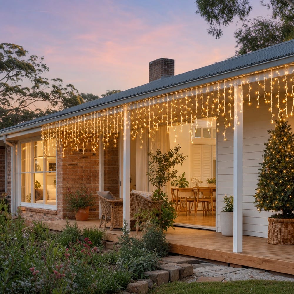 LED Warm White Icicle Lights (20m) styled in an Australian Christmas setting
