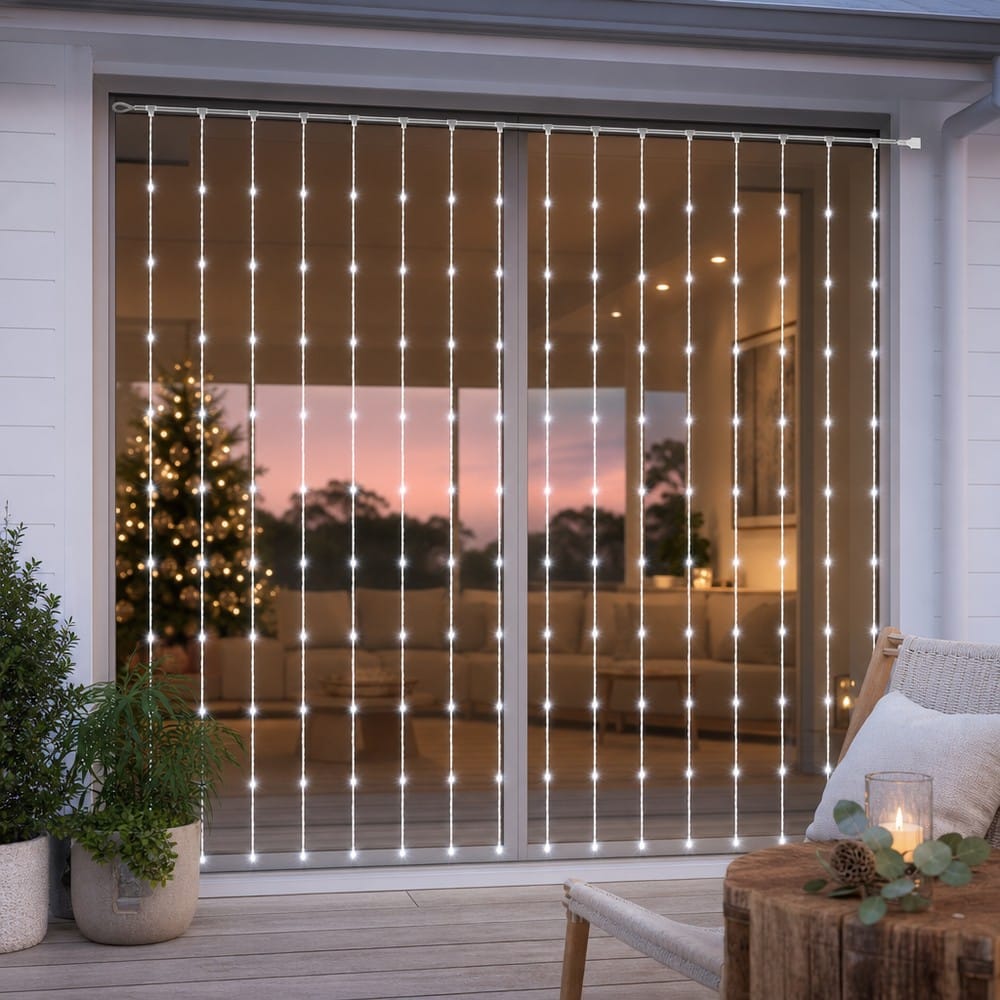 LED White Waterfall Curtain  (2x2m) styled in an Australian Christmas setting
