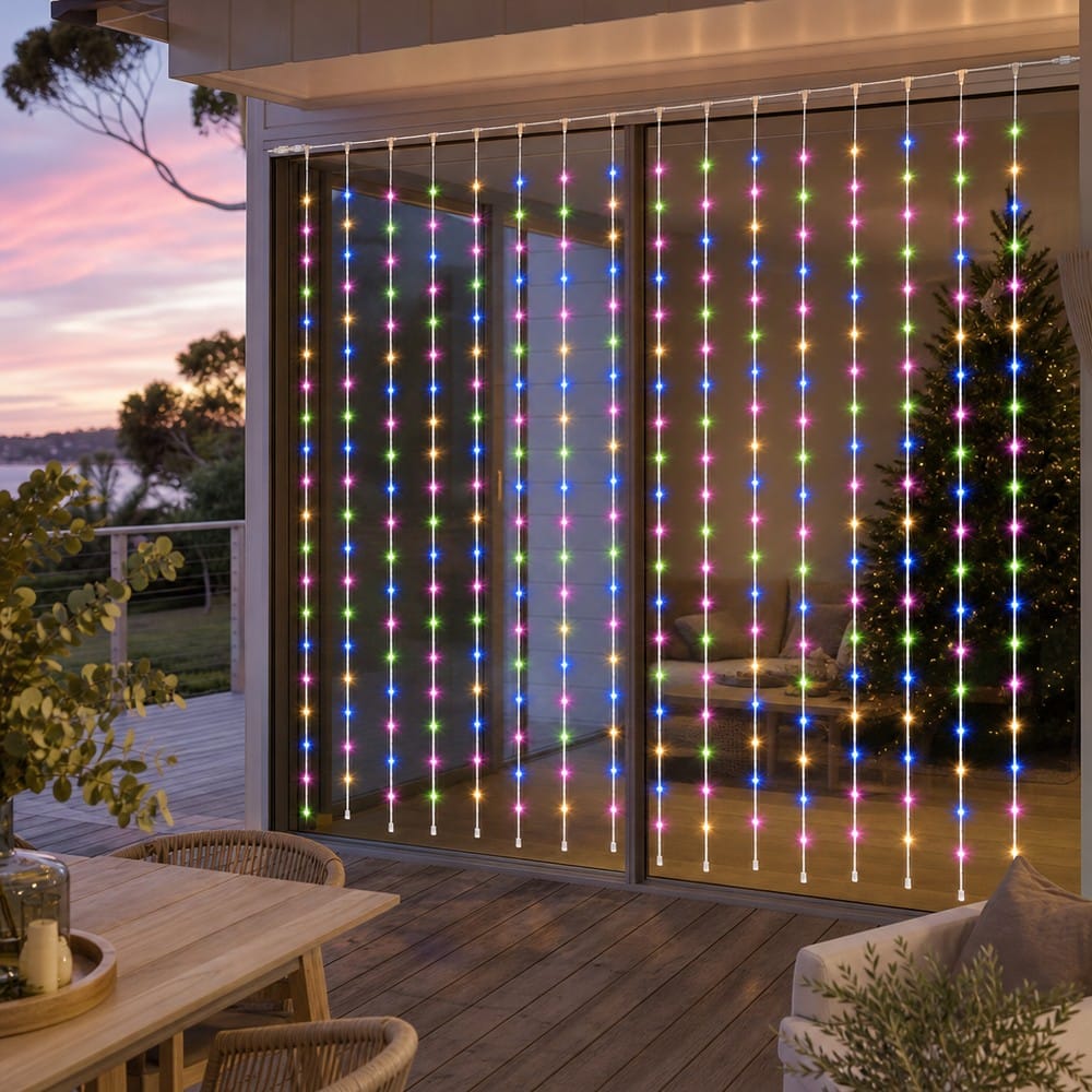 LED Multicolour Waterfall Curtain  (2x2m) styled in an Australian Christmas setting