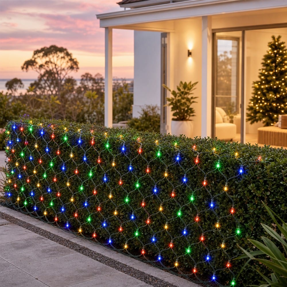 LED Multicoloured Net Light (4.8m) styled in an Australian Christmas setting
