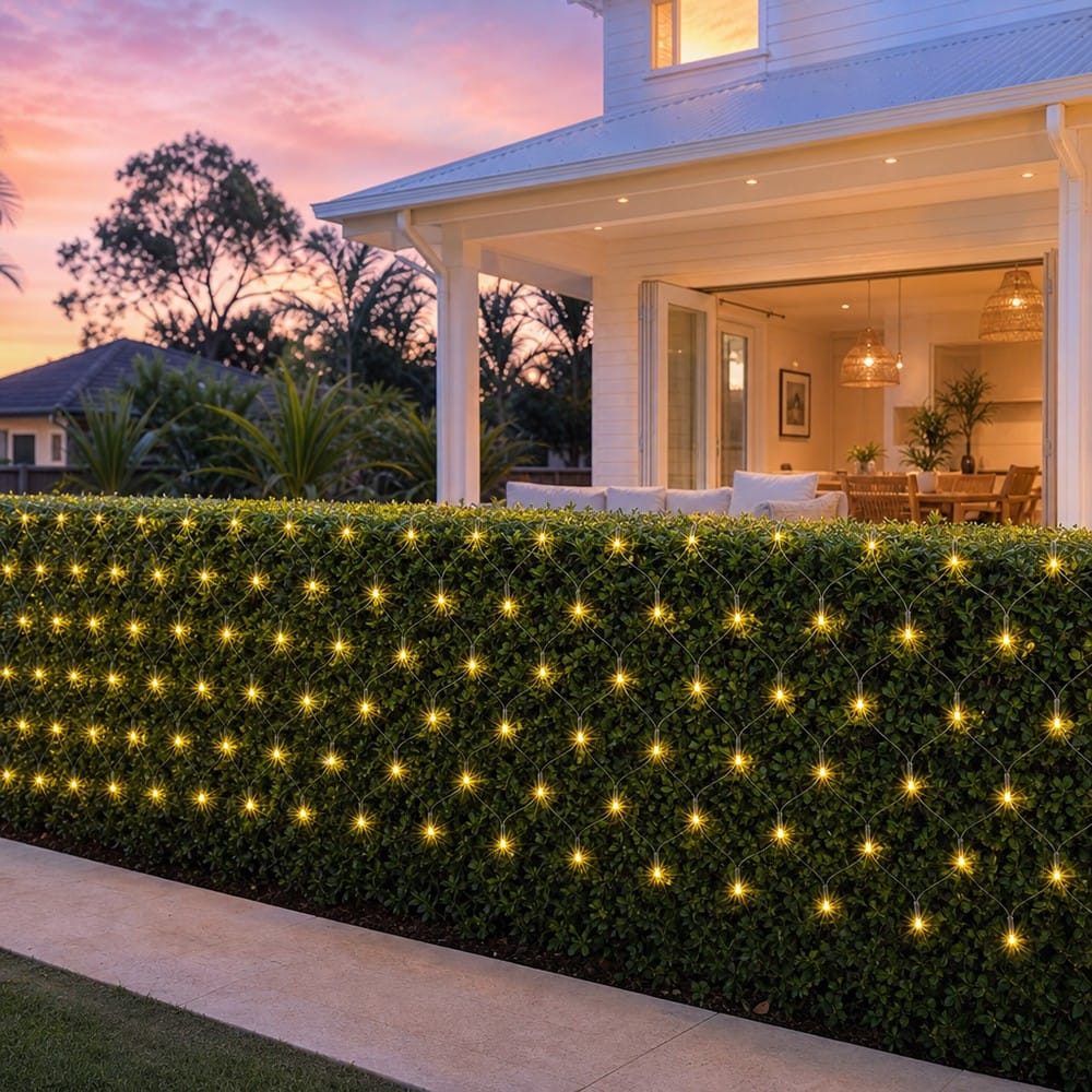 LED Warm White Net Light (4.8m) styled in an Australian Christmas setting