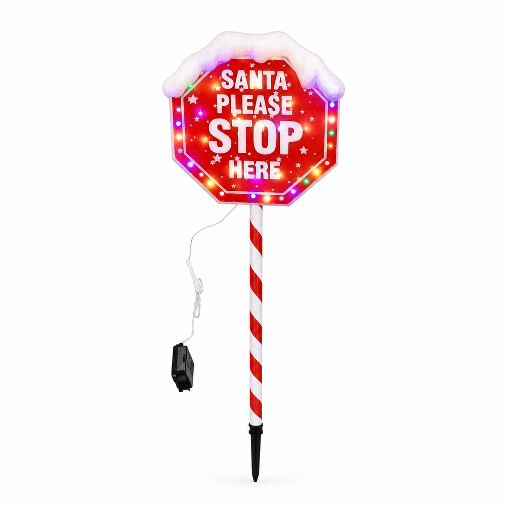LED Battery Operated Santa Please Stop Here Stake (105cm)