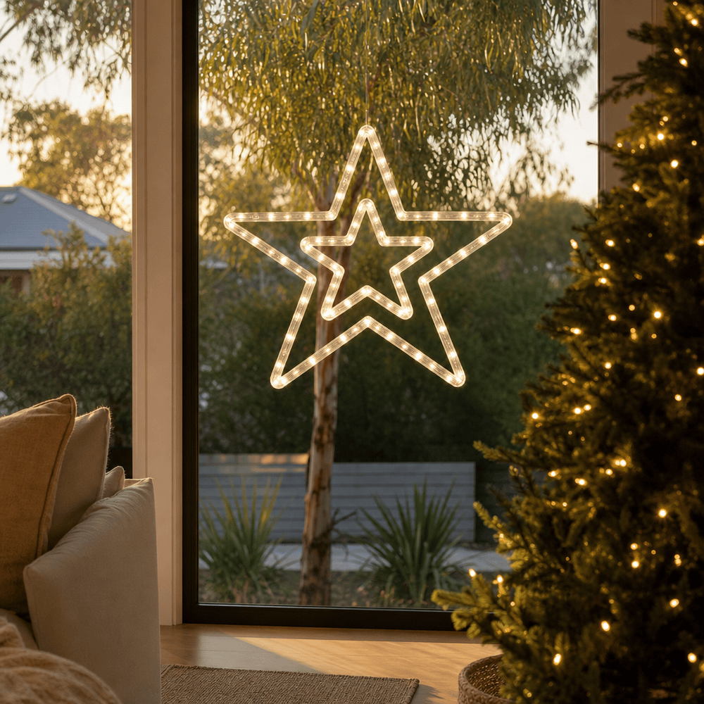 LED Battery Operated Star Motif Warm White lit up in an Australian Christmas setting