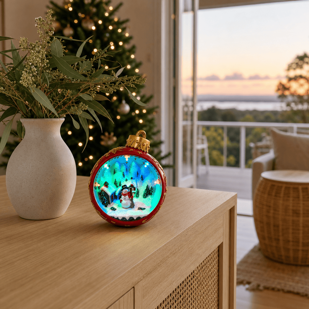 LED Musical Red Christmas Bauble Scene styled in an Australian Christmas setting