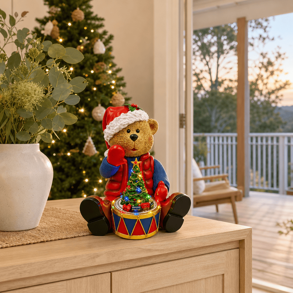 LED Musical Yuletide Drummer Bear styled in an Australian Christmas setting