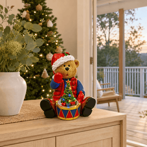 LED Musical Yuletide Drummer Bear styled in an Australian Christmas setting
