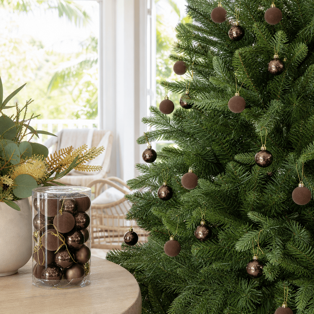 Mocha Bauble Pack 25pk styled in an Australian Christmas setting