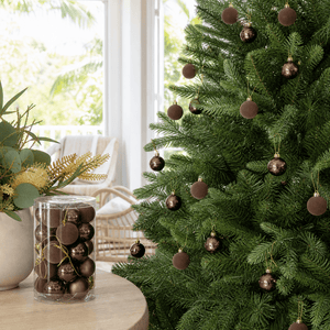 Mocha Bauble Pack 25pk styled in an Australian Christmas setting