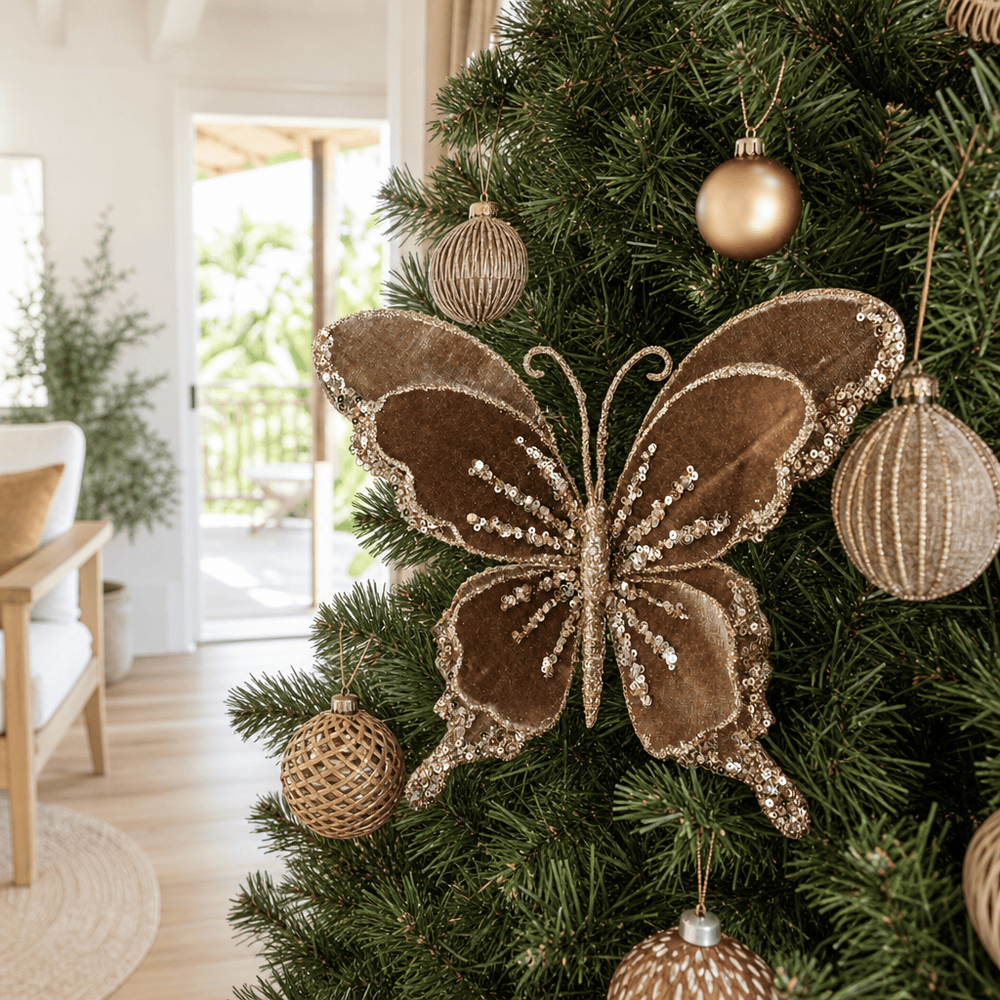 Mocha Velvet Butterfly Clip styled in an Australian Christmas setting