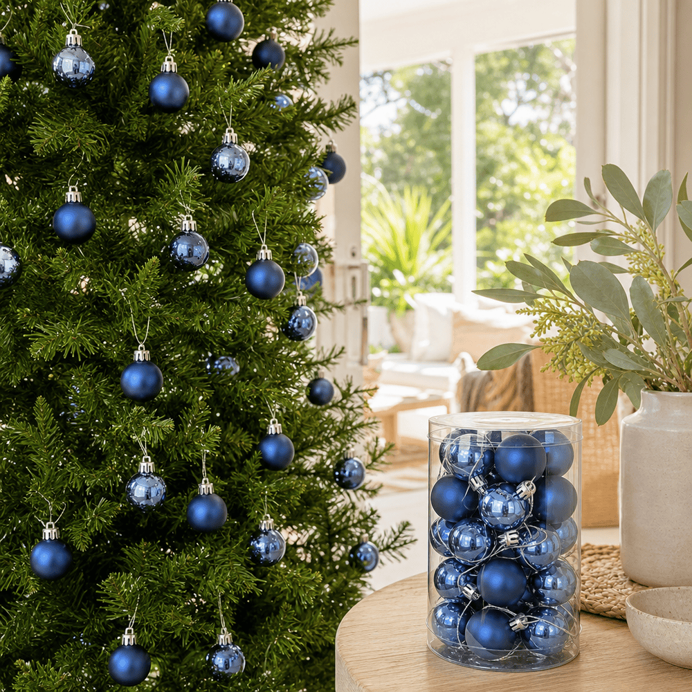 Navy Bauble Pack 25pk styled in an Australian Christmas setting