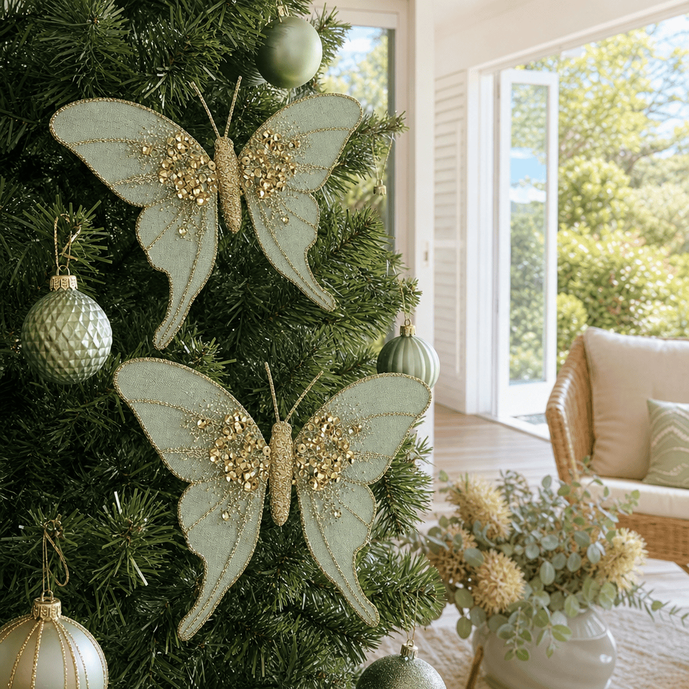 Sage Green Lush Garden Butterfly Clip 2pk styled in an Australian Christmas setting