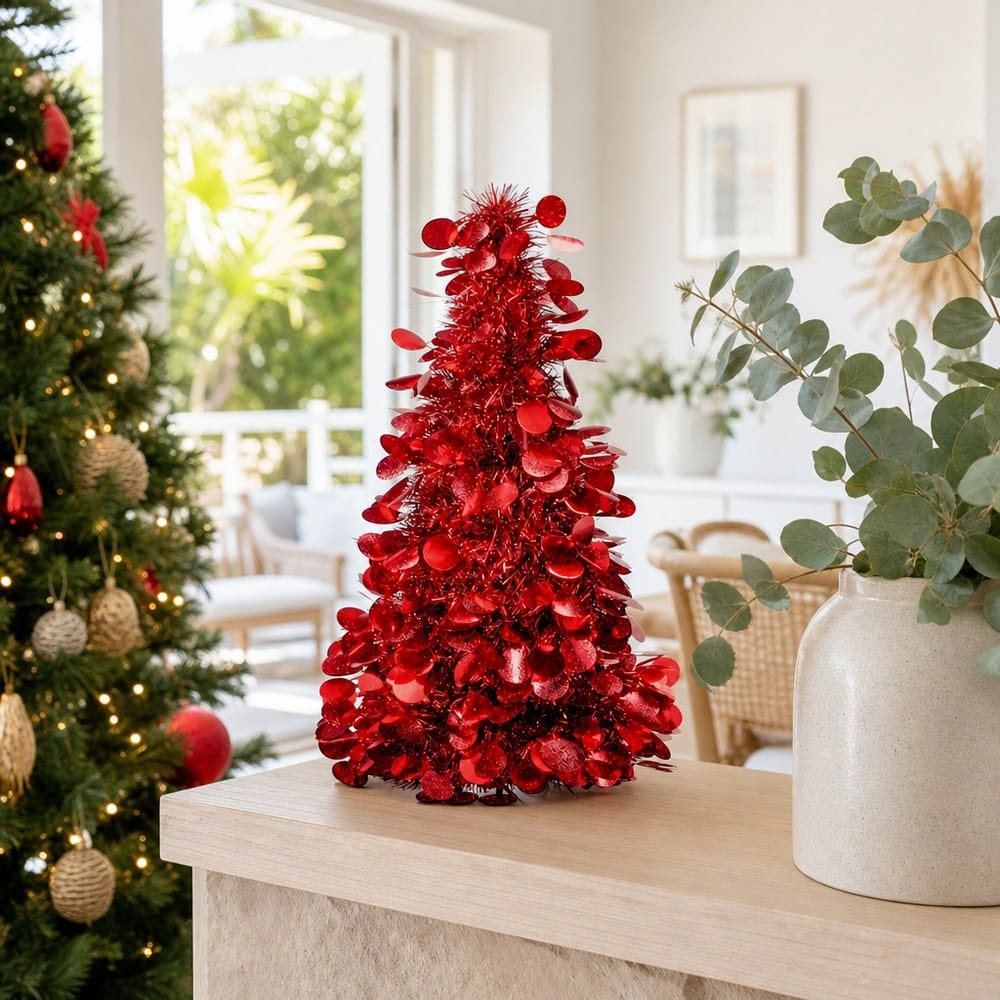 Tinsel Tree Decoration Red styled in an Australian Christmas setting