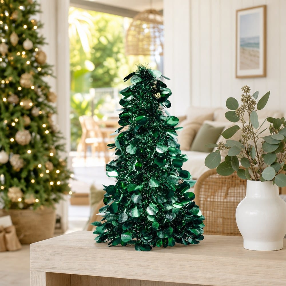Tinsel Tree Decoration Green styled in an Australian Christmas setting