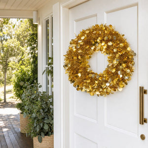 Dark Gold Tinsel Wreath styled in an Australian Christmas setting