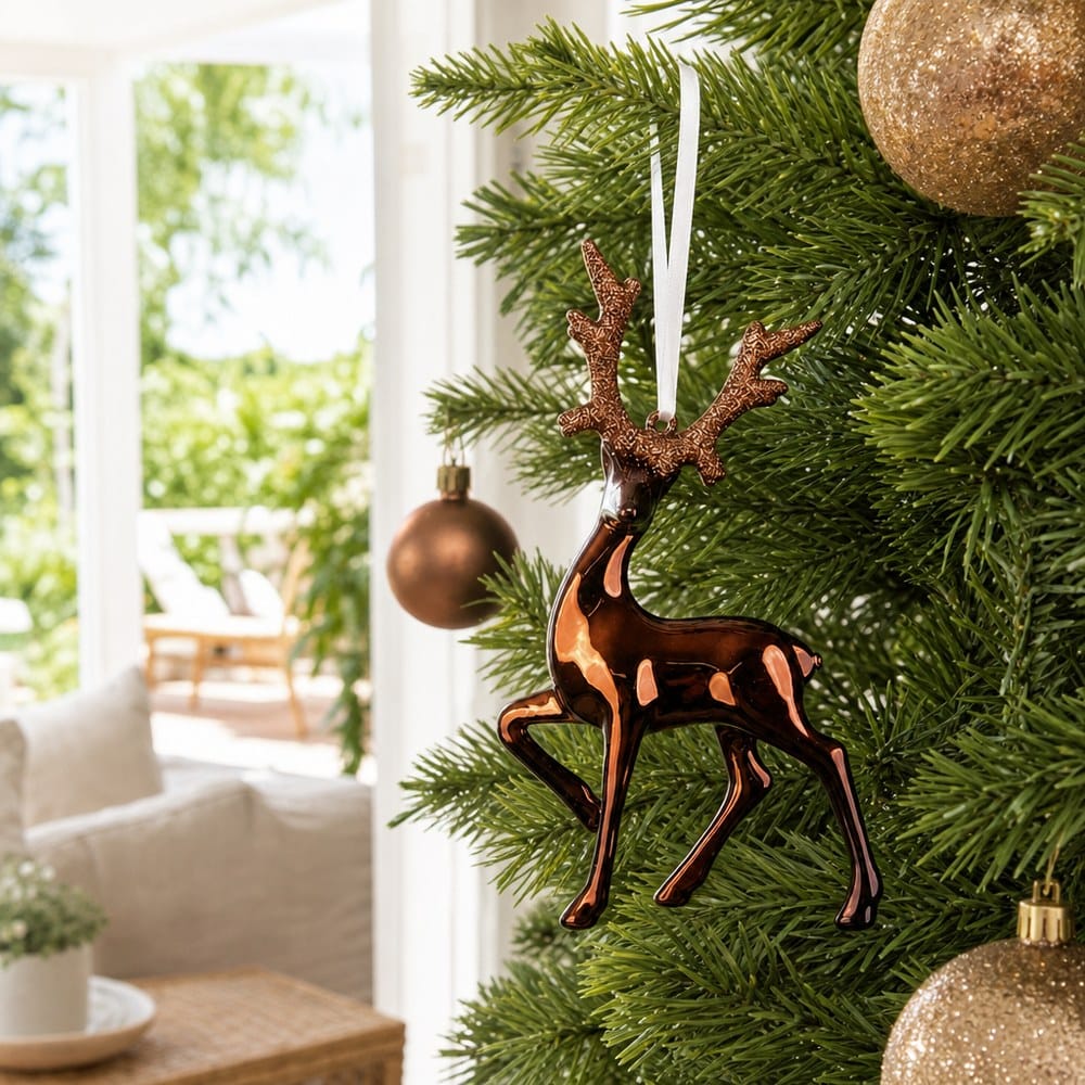 Bronze Reindeer Ornament on a decorated Christmas tree