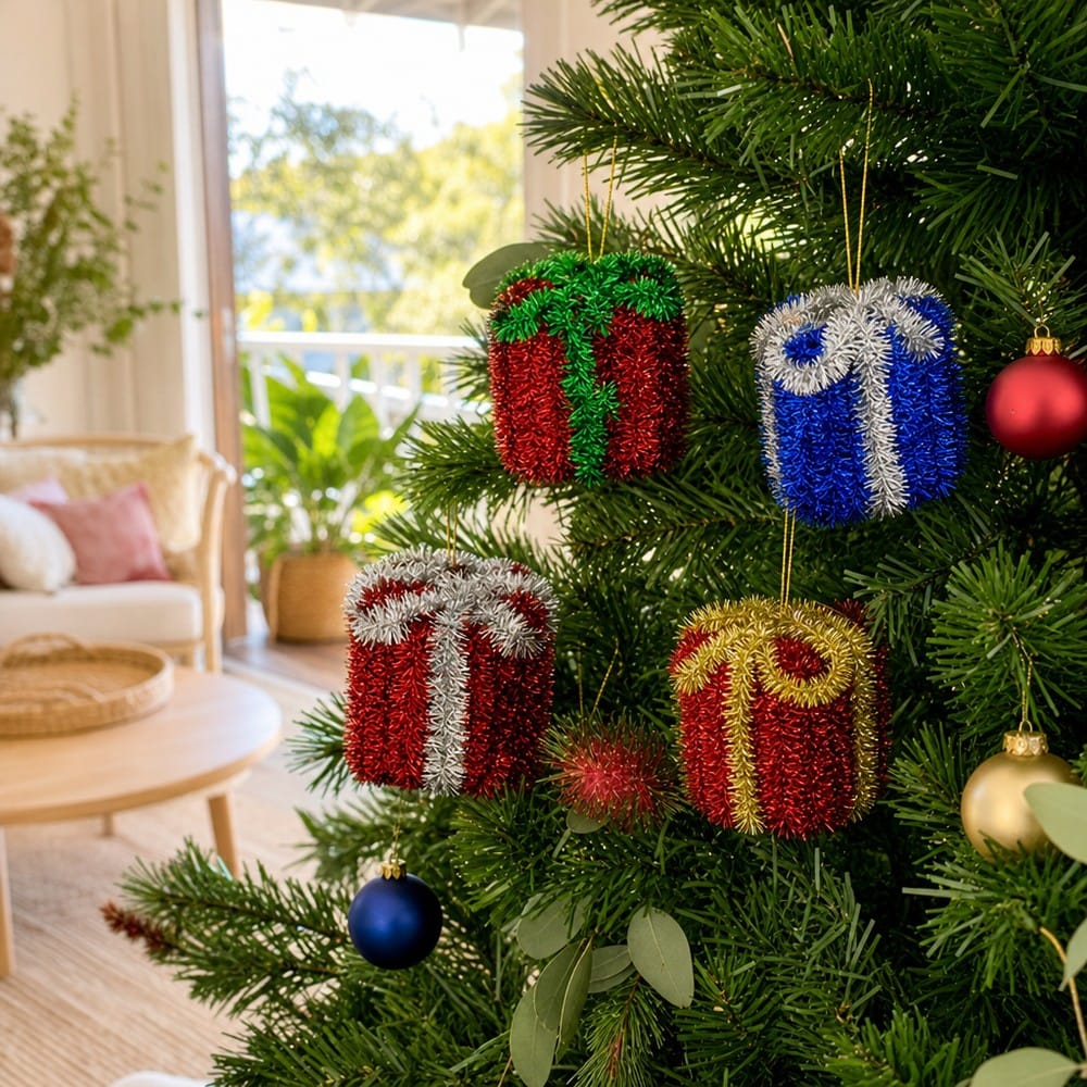 Tinsel Hanging Presents Asst (6cm) styled in an Australian Christmas setting