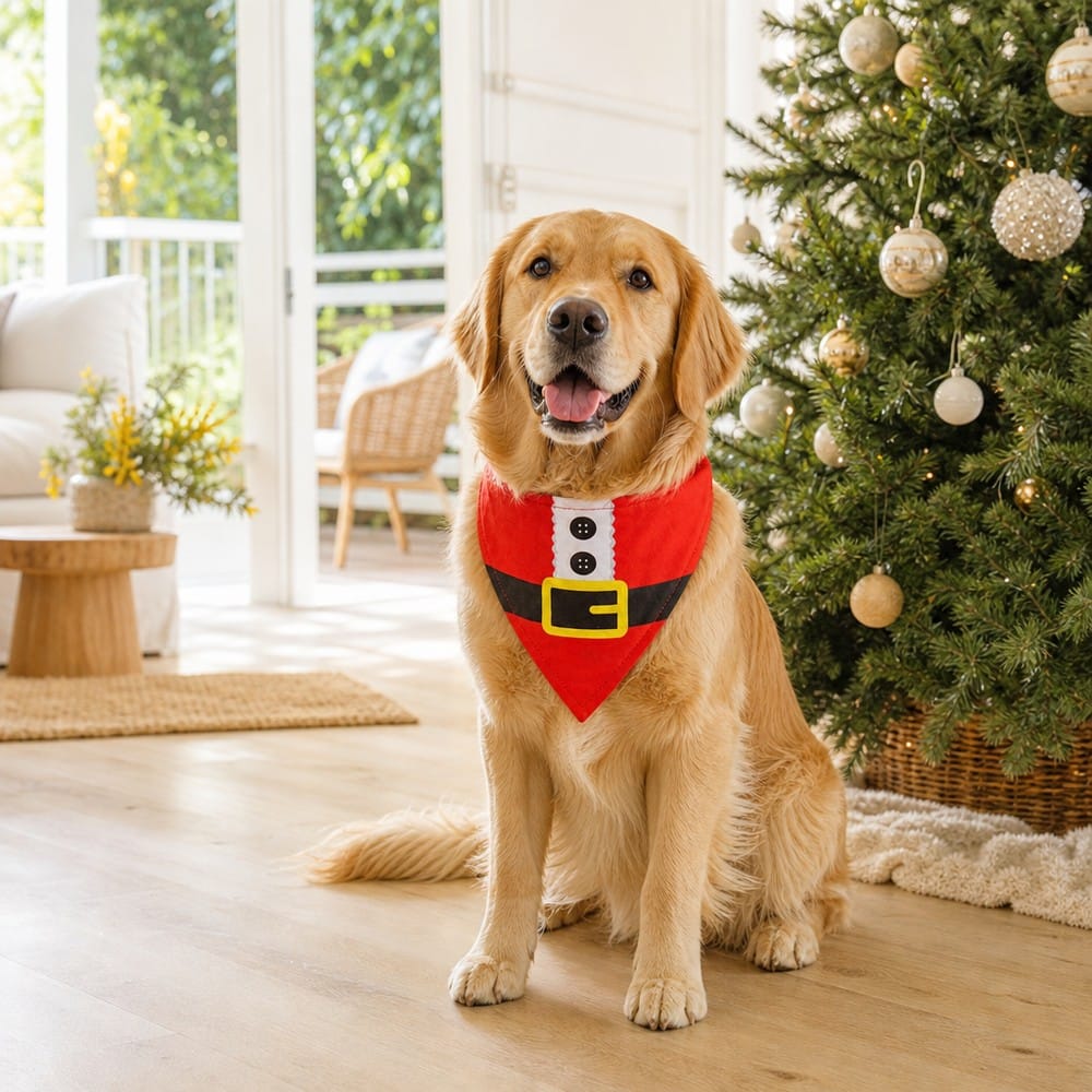 Christmas Pet Bandana Asst styled in an Australian Christmas setting