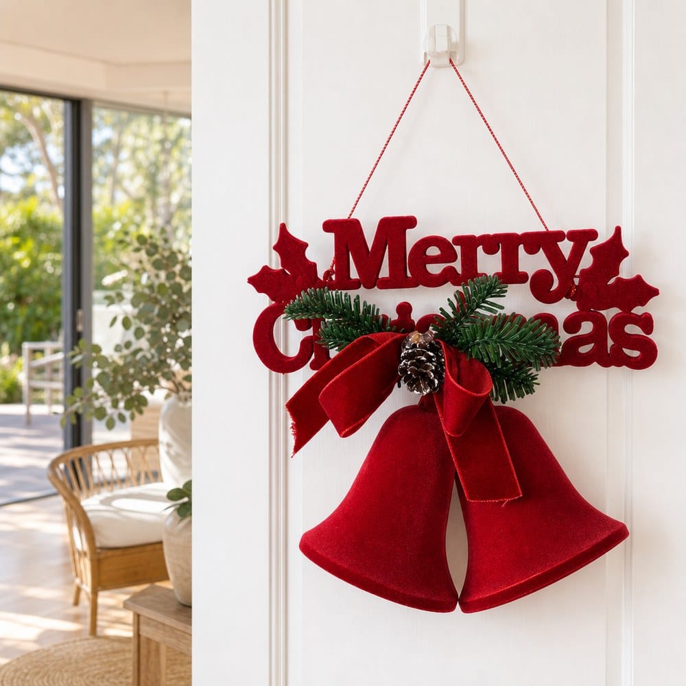 Flocked Hanging Bell Sign styled in an Australian Christmas setting