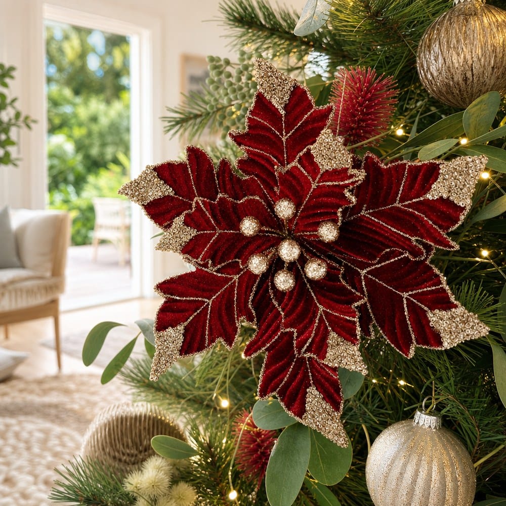 Burgundy Truffle Poinsettia Clip styled in an Australian Christmas setting
