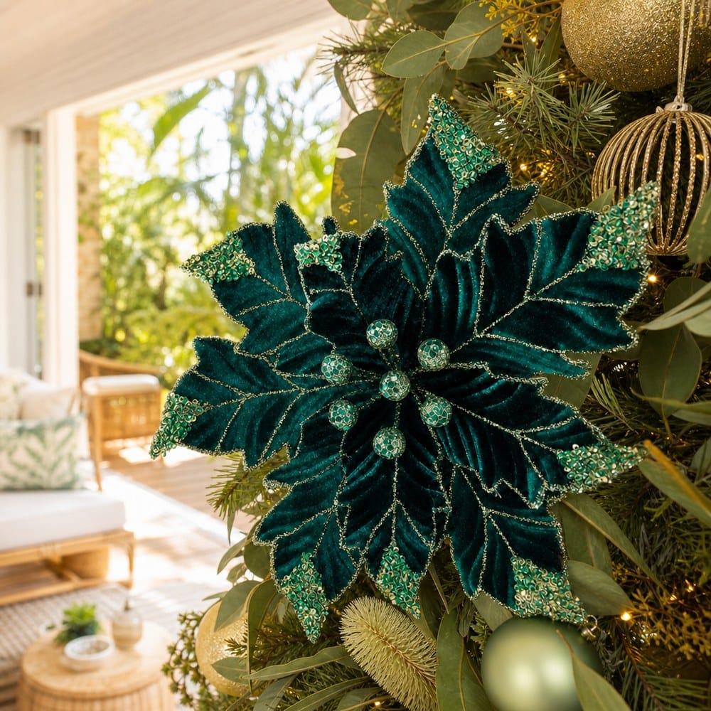 Green Truffle Poinsettia Clip styled in an Australian Christmas setting