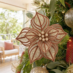 Mocha Sheer Velvet Poinsettia Clip styled in an Australian Christmas setting
