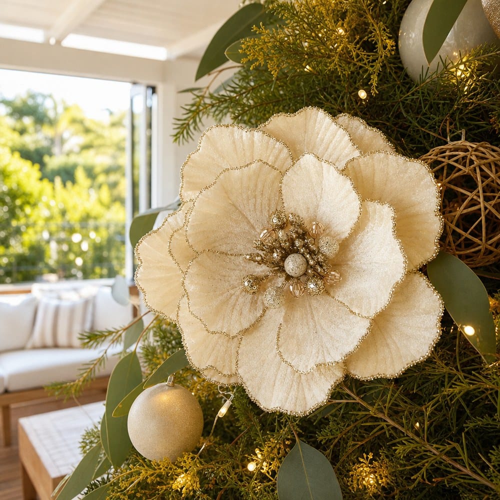 Champagne Deluxe Jewel Magnolia Clip styled in an Australian Christmas setting